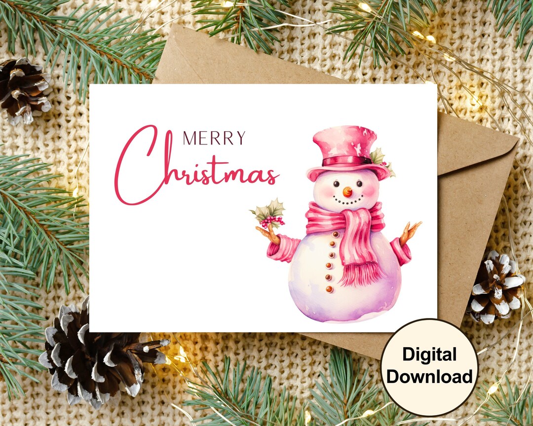 Pink Snowman Christmas Card: Printable Holiday Card (digital Download ...