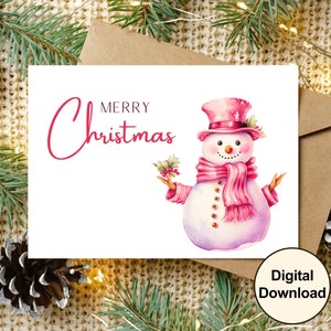 Pink Snowman Christmas Card: Printable Holiday Card (Digital Download)