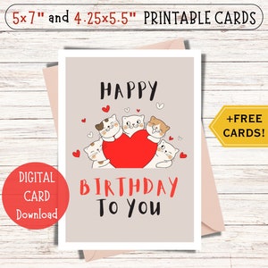 Cute Cats Happy Birthday Printable Card / Birthday Cats Card Printable PDF / Cat Card Digital Download / Happy Birthday Cats Card Download