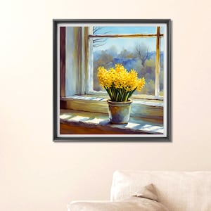 Puede incluir: Pintura enmarcada de una escena de ventana. Una maceta con flores amarillas brillantes se encuentra en el alféizar. La ventana enmarca una vista de un cielo azul y árboles distantes. La pintura es de formato cuadrado.