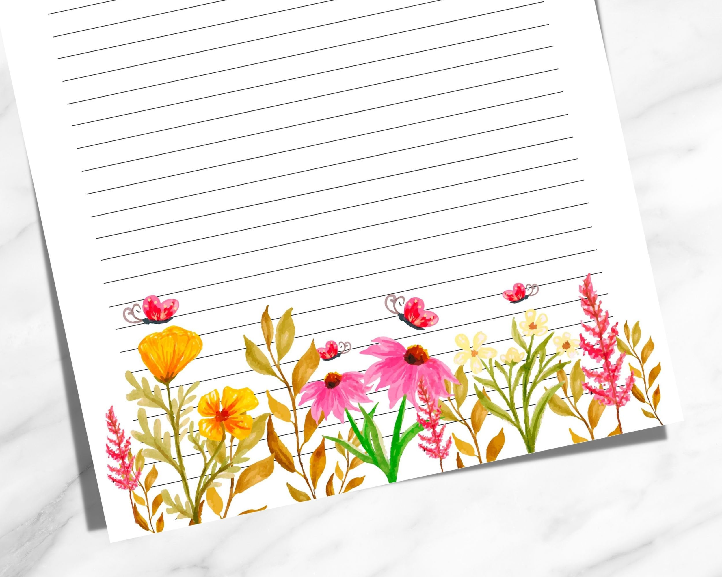 Floral Lined Paper, Floral Blank Paper, Digital Download Writing Paper ...