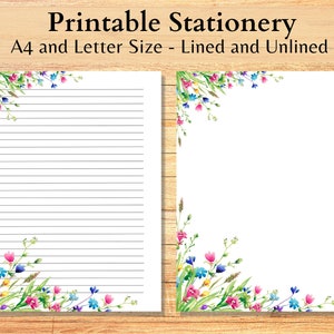 May include: Printable stationery in A4 and Letter size, with lined and unlined options. The design features a corner border of watercolor wildflowers in shades of pink, blue, yellow, and green.