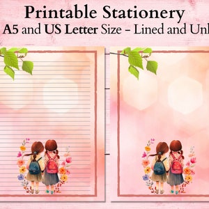 School Girls Printable Stationery, Lined Printable Paper, A5 Writing Paper, Digital Stationary, Sisters Paper Download, US Letter Paper