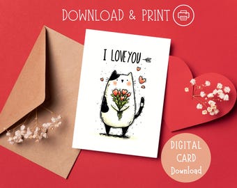 Cat With Heart Bouquet Valentine's Day Card: I Love You Printable (PDF)