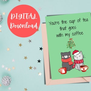 Happy New Year Card, Printable Funny Cats Card, Coffee Cup Card, Tea Cup Card, Cute Cat Card, Digital, Instant Download, New Year's Eve Card