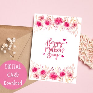 Cartão de Dia das Mães para impressão, Cartão de Feliz Dia das Mães, Cartão Digital de Dia das Mães, Cartão de Dia das Mães Rosas Rosa, Download Digital Instantâneo