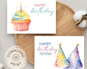 Printable Birthday Card Set: Cupcake & Hats Design (Digital Download)