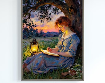 Young Woman At Sunset Writing In Her Diary Print: Home Decor Instant Digital Download