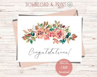 Printable Congratulations Card, Congratulations Card Printable, Flower Bouquet Congratulations Card Download, 5"x7" Card Digital Download