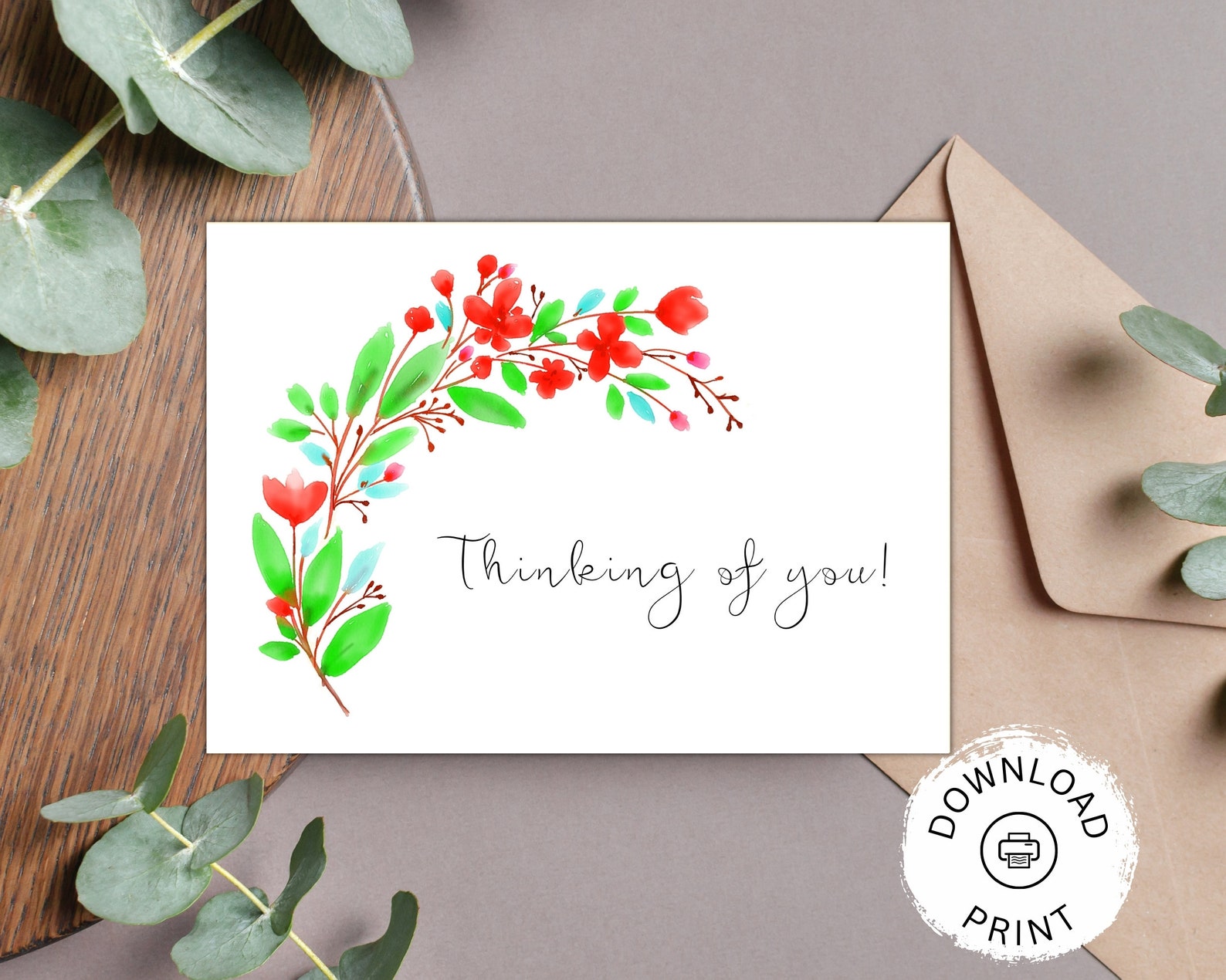 Red Flower Thinking of You Card: Printable Digital Download - Etsy