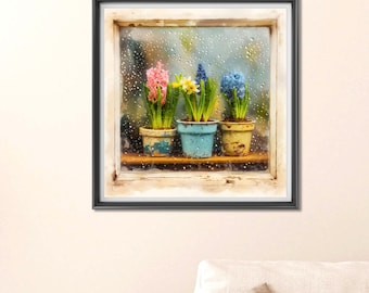 Spring Flower Pots On The Window Sill: Instant Digital Download