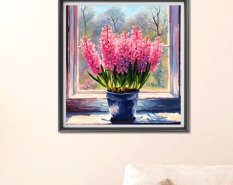 Pink Hyacinth Pot On A Window Sill: Instant Download