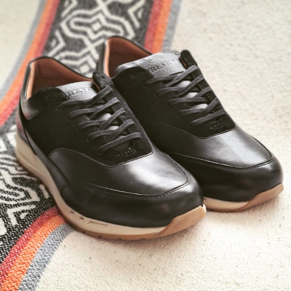 Handcrafted Genuine Full Grain Leather Trainers In Smart Casual Black