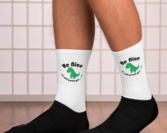 Funny Dinosaur Socks - Be Nice Or I Will Punch You... Oh - Funny T-Rex Graphic Socks - Cute Dino Gift