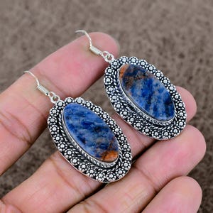 Natural Sodalite Earring, 925 Sterling Silver Earring, Blue Gemstone Earring, Boho Elegant Earring, Gift For Daughter Birthday, Gift Idea