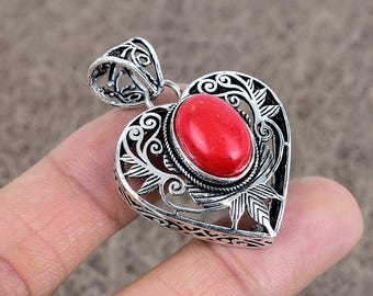 Red Coral Heart Pendant: 925 Sterling Silver Boho Jewelry