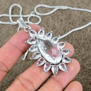Handmade Pear Cut White Topaz Pendant: 925 Sterling Silver Necklace