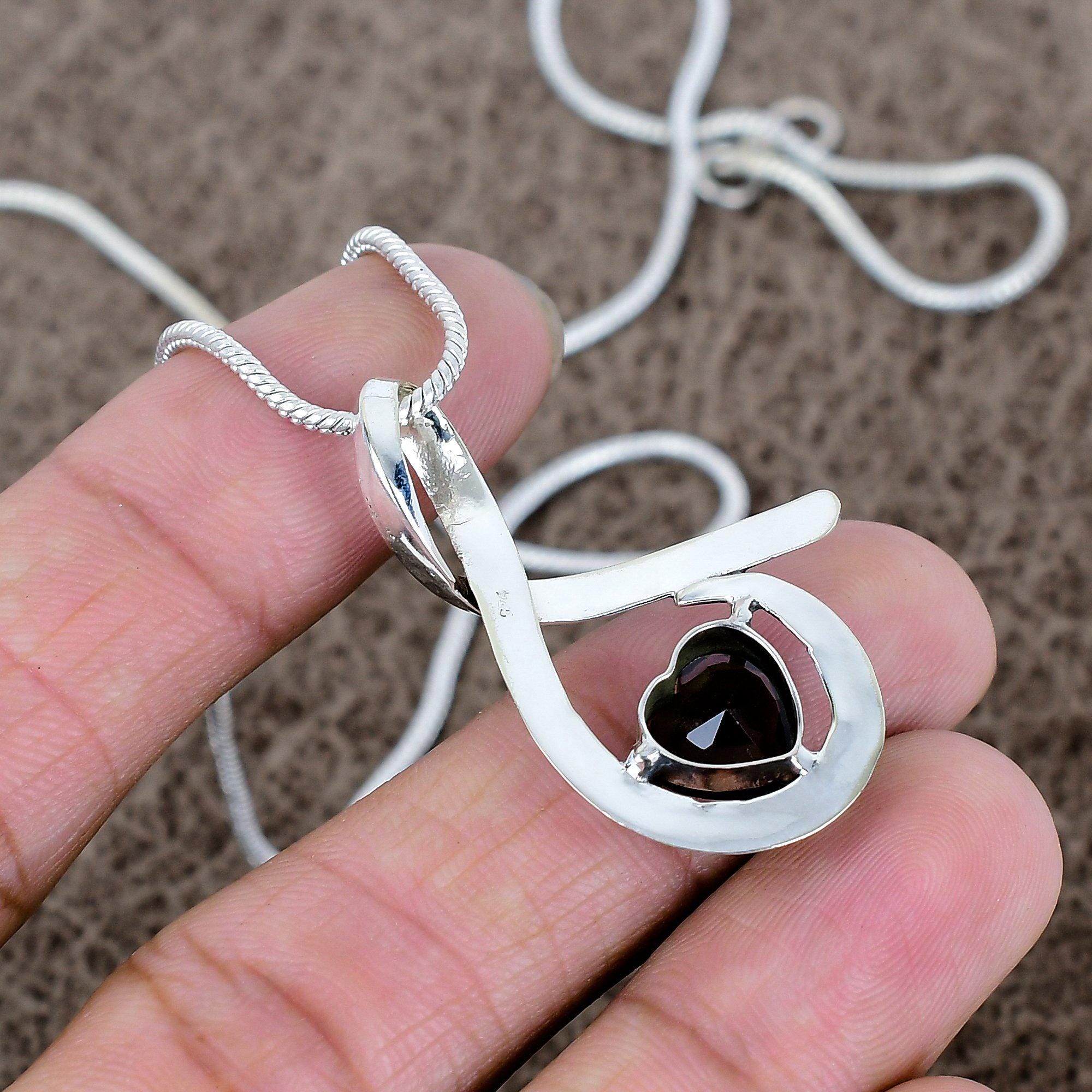 Smoky Quartz Heart Pendant: 925 Sterling Silver, Ethnic Style