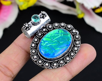 Australian Opal & Blue Topaz Pendant: Sterling Silver Gemstone Jewelry