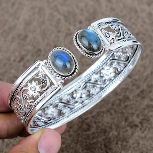 Labradorit Sterling Silver Armring: Justerbar Ädelstensmanschett