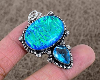 Australian Opal & Blue Topaz Pendant: 925 Sterling Silver Jewelry