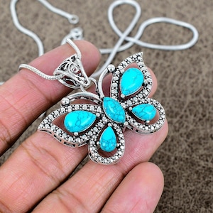 Turquoise Butterfly Pendant Necklace, 925 Sterling Silver, Blue Gemstone Pendant, Silver Necklace, Silver Jewelry, Necklace For Mother&#39;s Day