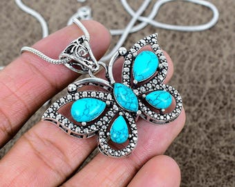 Pendentif Papillon Et Boucles D'oreilles Turquoise Style Seventies - Neuf Sans Emballage