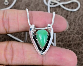 Chrysoprase Pear Pendant: 925 Sterling Silver Necklace, Birthday Gift Green Gemstone Jewelry
