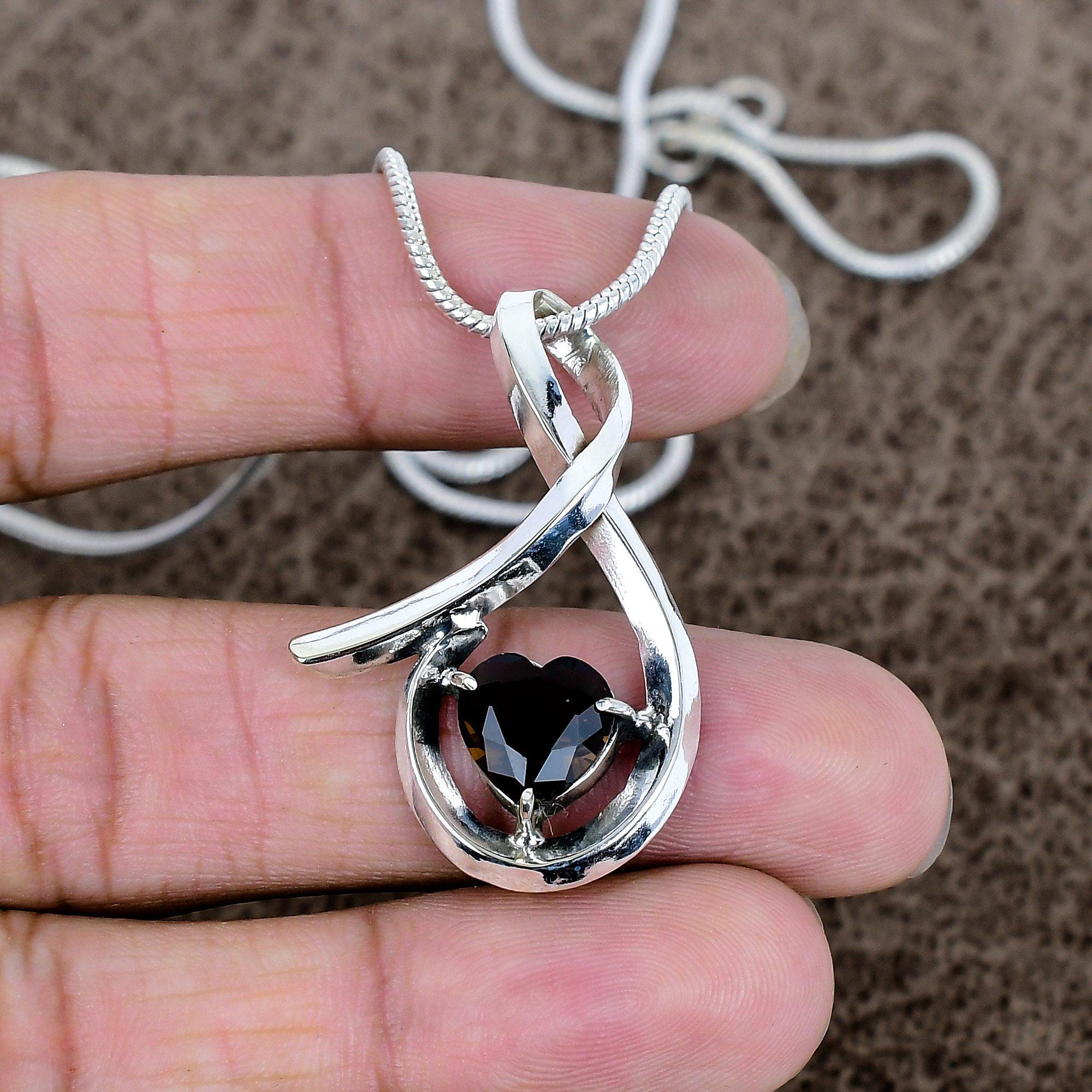 Smoky Quartz Heart Pendant: 925 Sterling Silver, Ethnic Style