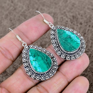 Malachite Dangle Drop Earrings: 925 Sterling Silver, Green Gemstone