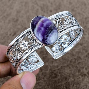 Chevron Amethyst Bangle: 925 Sterling Silver Adjustable Cuff