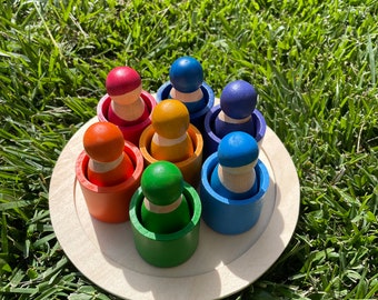 PERSONALIZED Rainbow 7 Friends Set of Wooden Sorting & Matching Rainbow Peg Dolls with Round Tray