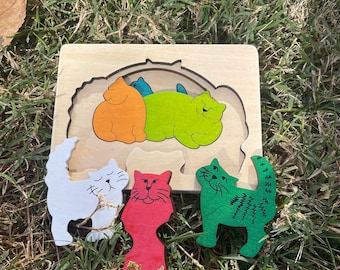 Personalized Multi-layered Wooden Puzzle | Montessori Wooden Cat Family 6 Pieces Puzzle, Montessori Preschool Puzzle