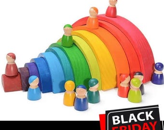 Personalized 2-in-1 Rainbow Toy Set – 12 Piece Wooden Rainbow Stacker & 12 Piece Peg Dolls – Montessori Kids Toy
