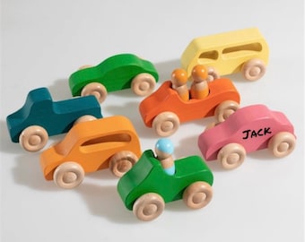 PERSONALIZED Slimline Car Set of 7 Rainbow Painted Cars - Montessori Wooden Car Set - Waldorf Car Trolley Toy Derivable Play Cars