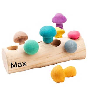 PERSONALIZED Mushroom Picking Log Game, Montessori Educational Wooden Toy image 1