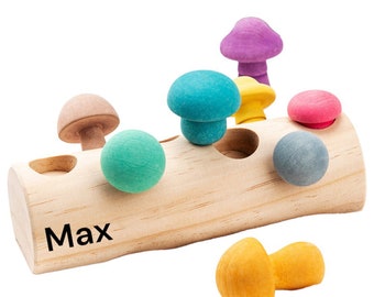 PERSONALIZED Mushroom Picking Log Game, Montessori Educational Wooden Toy