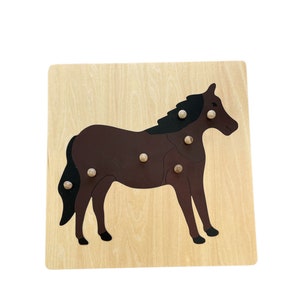 May include: Wooden puzzle featuring a brown horse with a black mane and tail. The horse has five wooden pegs that fit into corresponding holes on the puzzle board.