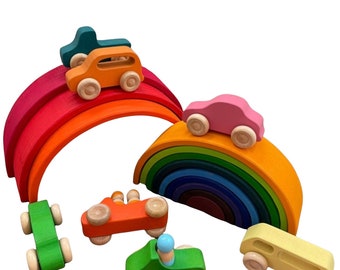 Personalized 12pcs Large Wooden Rainbow Stacker | 7pcs Wooden Car Set | Montessori Toys | Christmas gift