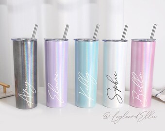 Personalised Holographic Tumbler with Straw, Wedding Tumbler, Bridesmaid, Skinny Tumbler Thermal Hen Party Groomsmen