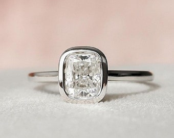 Bezel Set Moissanite Ring Hidden Halo Wedding Ring 1.80 Ct Cushion Cut Moissanite Engagement Ring 14K White Gold Anniversary Gift