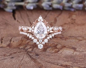 1,25 Ct Birnen Schnitt Moissanit Ehering Set Birnenform Diamant Verlobungsring Set 14K Rosegold Jahrestag Ring Set Lab Diamant Ring Set