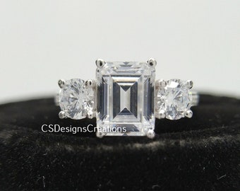 2.50 Ct Emerald Cut Moissanite Engagement Ring Three Stone Ring In 14K White Gold Emerald & Round Ring Anniversary Ring Gift  Promise Ring
