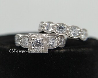 1.00 Carat Art Deco Bridal Set, Moissanite Engagement Ring Set, 5 Stone Ring, Vintage Wedding Bridal Set, Diamond Ring Set, Anniversary Gift