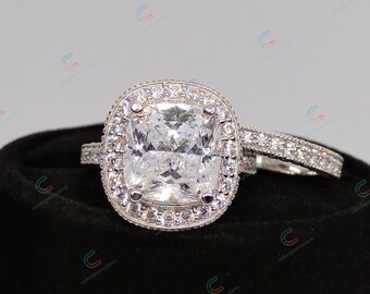 4.65 Ct Cushion Cut Cz Diamond Halo Engagement Ring In 925 Sterling Silver Vintage Style Ring Set Wedding Bridal Set Filigree Ring Set