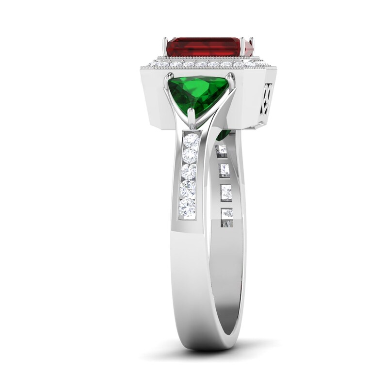 Three Stone Ring 2.30 CT Halo Red Emerald Cut CZ Awesome Engagement Wedding Ring In 925 Sterling Silver Gift For Women Anniversary Ring