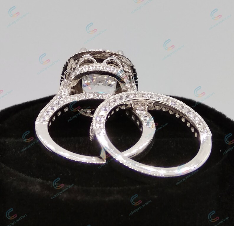4.65 Ct Cushion Cut Cz Diamond Halo Engagement Ring In 925 Sterling Silver Vintage Style Ring Set Wedding Bridal Set Filigree Ring Set