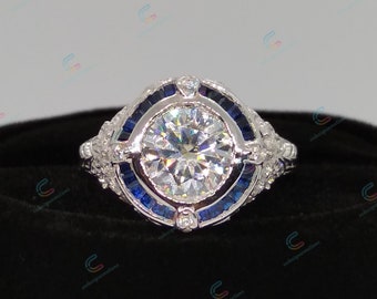 2.05 Ct Vintage Reproduction Antique Art Deco Style Round Cut & Sapphire Cz Diamond Engagement Ring In 925 Sterling Silver Bezel Ring