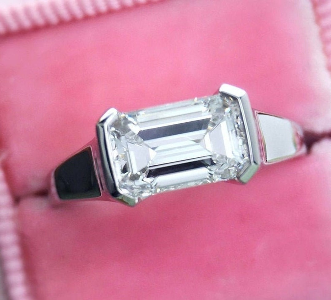 2.00 Carat Emerald Cut Diamond Solitaire Ring, East West Emerald Ring ...