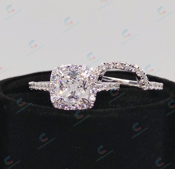 4.65 Ct Cushion Cut Cz Diamond Halo Engagement Ring In 925 Sterling Silver Vintage Style Ring Set Wedding Bridal Set Filigree Ring Set